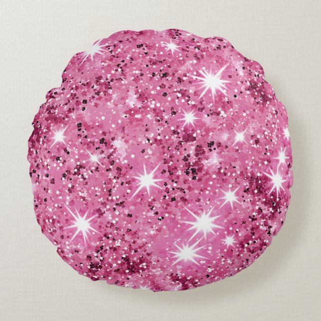 Shock rosa Stars Sequin Glitter Rund Kudde (Framsidan)