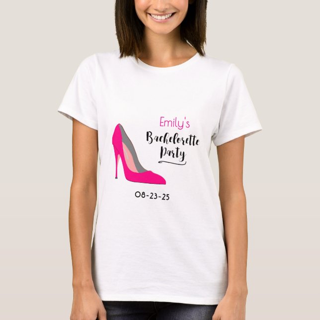 Shock rosa Stiletto High Heel Bachelorette Party Tee Shirt (Framsida)