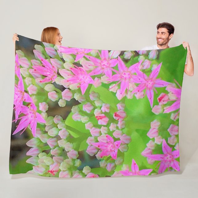 Shock rosa Succulent Sedum med Fleshy Grönt Lövs Fleecefilt (På plats)