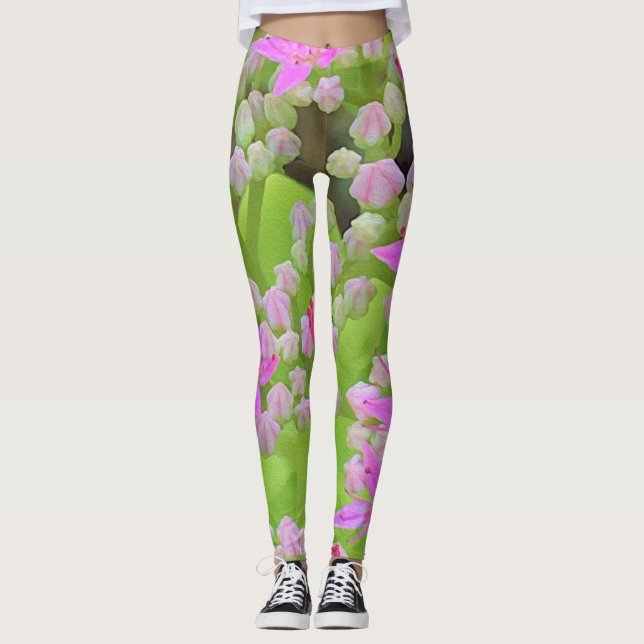 Shock rosa Succulent Sedum med Fleshy Grönt Lövs Leggings (Framsida)