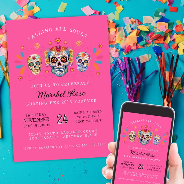 Shock rosa Sugar Döskallar Day of the dead Birthda Inbjudningar (Hot pink dia de los muertos sugar skulls birhtday party invitations for mexican hispanic heritage)