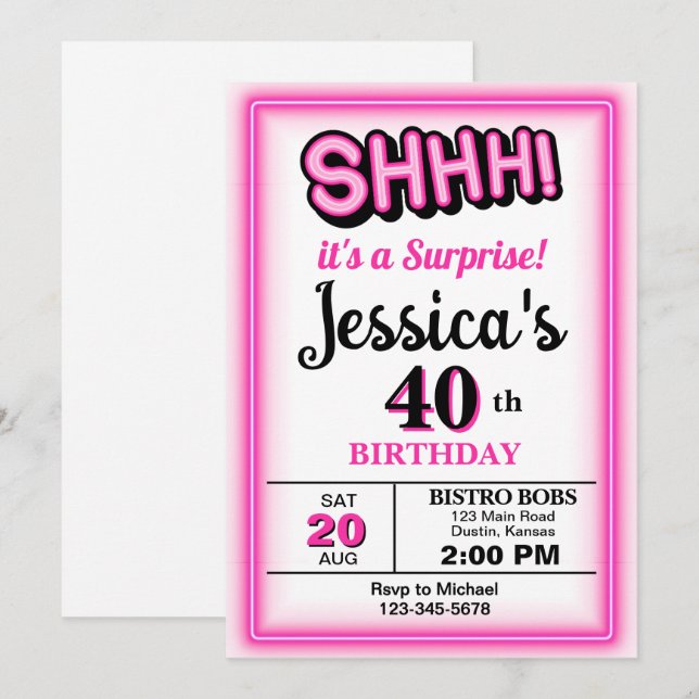 Shock rosa Surprise Party Birthday Inbjudningar (Fram/baksida)