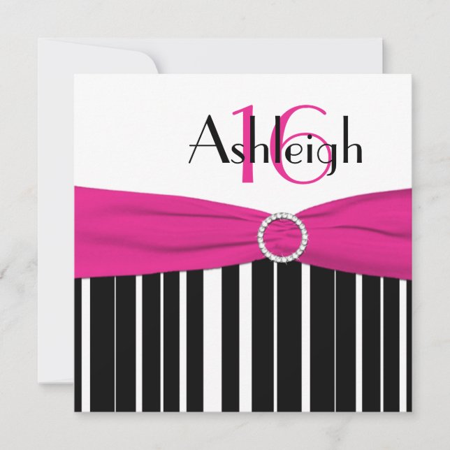 Shock rosa svart, 16th födelsedaginbjudan för vit inbjudningar (Framsida)