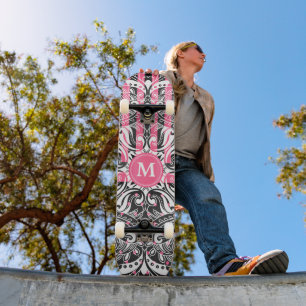 Shock rosa, Svarta och vita mandala - Monogram Skateboard Bräda 20 Cm