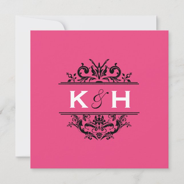 Shock rosa & svarten kvadrerar vapensköldinbjudan inbjudningar (Framsida)