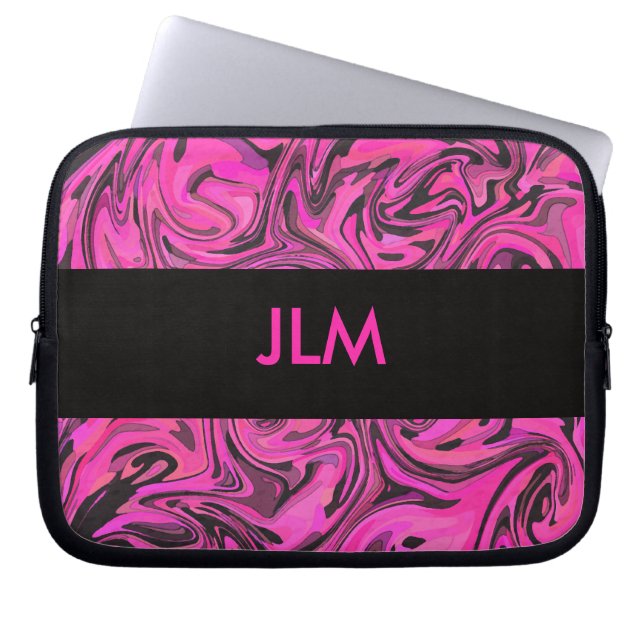 Shock rosa- & svartflytande virvlar runt laptop sleeve (Framsidan)