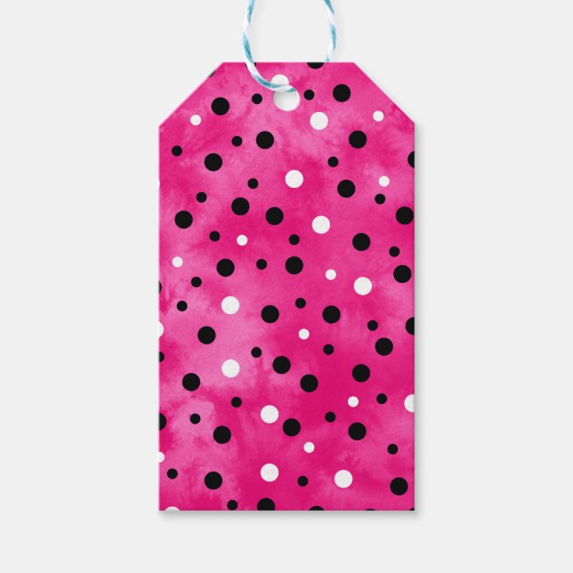 Shock rosa Svartvit vattenfärg Polka dots Presentetikett (Framsidan)