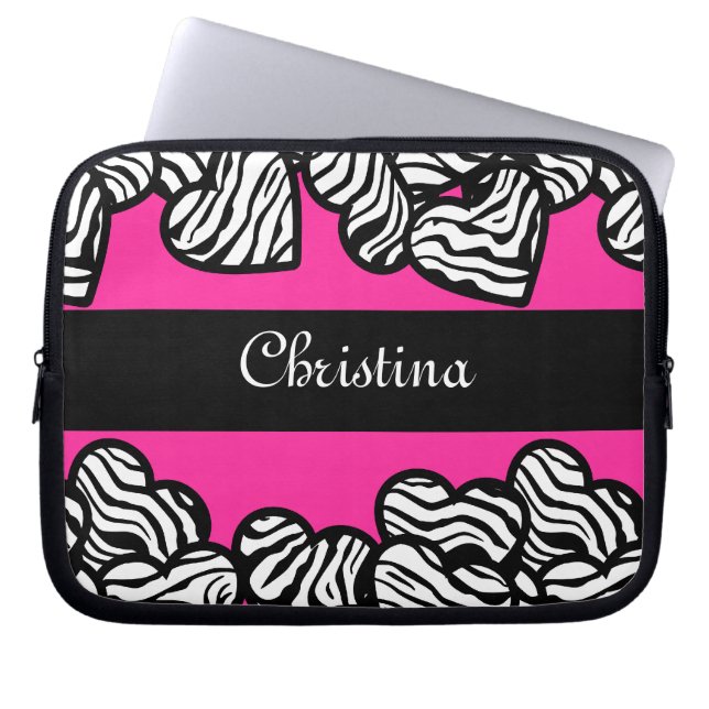 Shock rosa svartvitt zebra mönstrad hjärtat namn laptop sleeve (Framsidan)