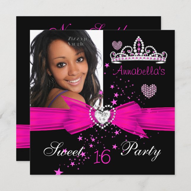 Shock rosa Sweet 16 Birthday Diamond Tiara Photo Inbjudningar (Fram/baksida)