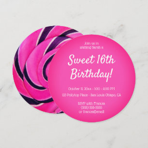 Shock rosa Sweet 16 Lollypop Photo Birthday Inbjudningar