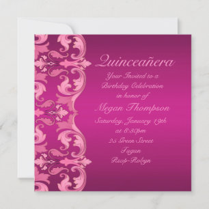 Shock rosa Swirl Damask Birthday Quinceañera Inbju Inbjudningar