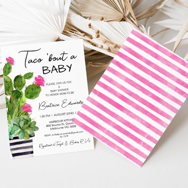 Shock rosa Taco "Bout a Baby Cactus Baby Shower Inbjudningar (Hot pink floral cactus taco 'bout a baby baby shower invitation for baby girl's baby shower.)