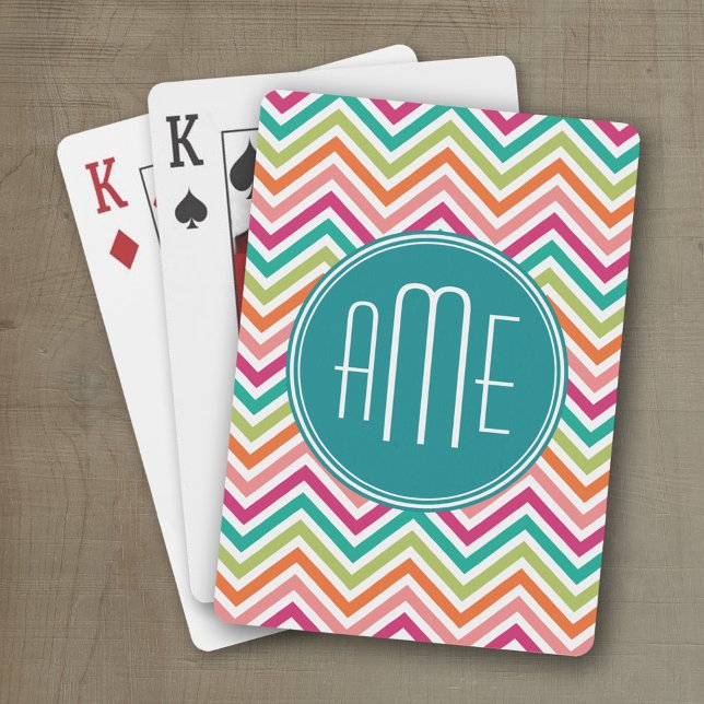 Shock rosa Teal Orange Chevrons Anpassningsbar Mon Kortlek (Personalized playing cards with an area for text such as a name or monogram)