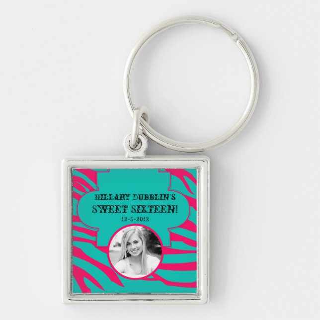 Shock rosa Teal Zebra tryck Animal Patter Nyckelri Fyrkantig Silverfärgad Nyckelring (Framsidan)