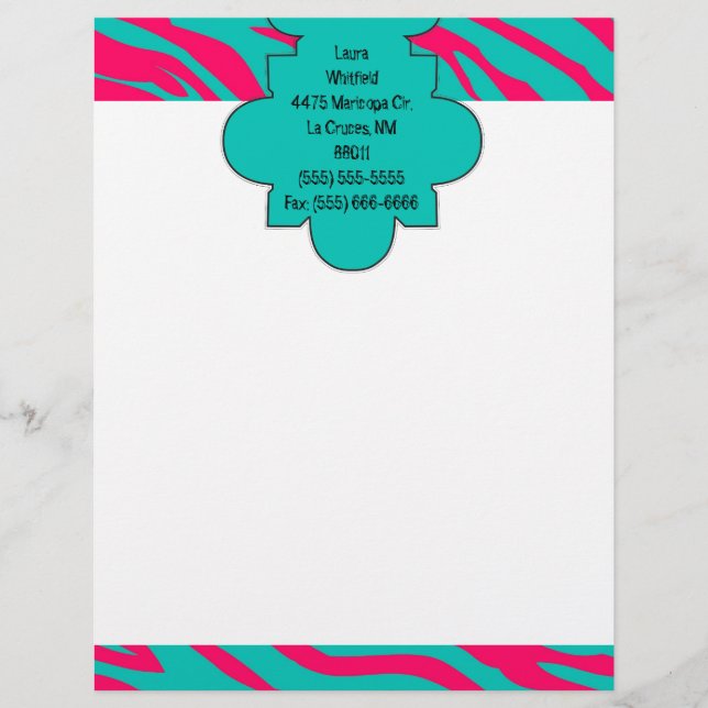 Shock rosa Teal Zebra tryck Letterhead Stationery Brevhuvud (Framsida)