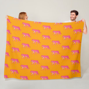 Shock rosa Tiger på Orange Boho Mönster Fleecefilt