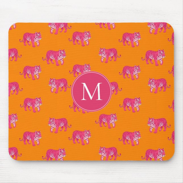 Shock rosa Tiger på Orange Boho Mönster Musmatta (Framsidan)