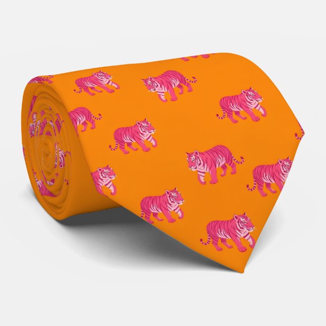 Shock rosa Tiger på Orange Boho Mönster Slips (Rullad)