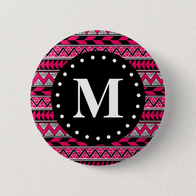 Shock rosa Tribal Chevron Mönster Monogram Knapp (Framsida)