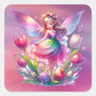 Shock rosa Tulip Fairy Princess Girls Fyrkantigt Klistermärke