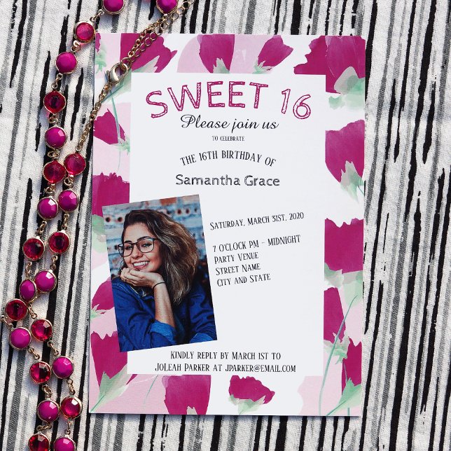 Shock rosa Tulips Sweet 16 inbjudningar (pink sweet 16 invitations with tulips and photo, cute pink tulips are perfect for a spring sweet 16)