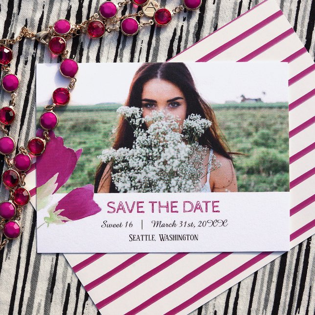 Shock rosa Tulips Sweet 16 Spara datumkortet Rådkort (hot pink tulips, pink spring floral sweet 16 save the date postcard)