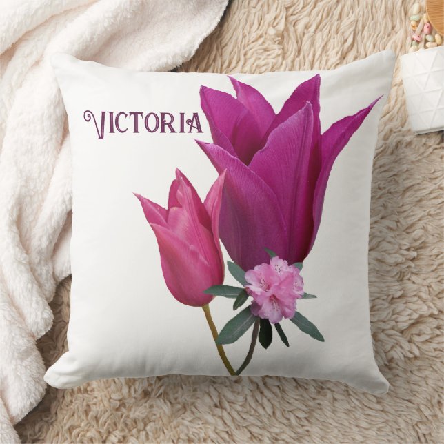 Shock rosa tulips Victoria namn anpassade Pillow Kudde (Filt)