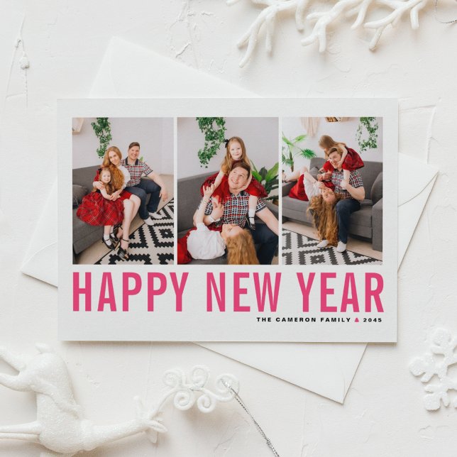 Shock rosa Typografi Photo Collage Gott nytt år Helgkort (Send new year cheer with this customizable magenta three-photo-collage Happy New Year Card. )