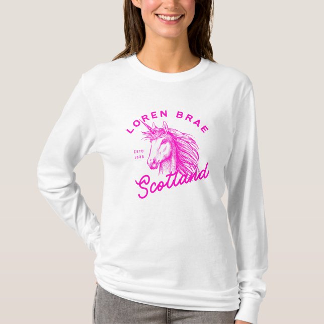 Shock rosa Unicorn Loren Brae, långdragen t-shirt (Framsida)