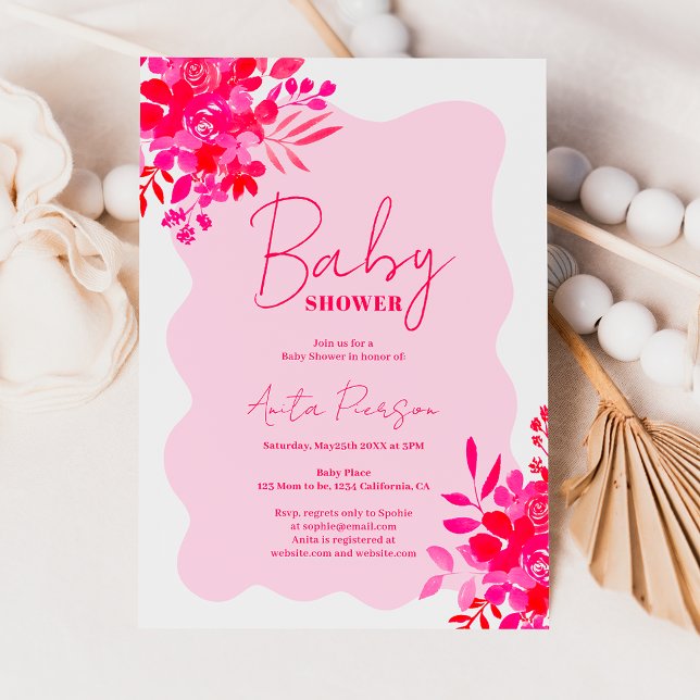 Shock rosa vågigt barndusch för blommigt av rödros inbjudningar (Hot pink wavy frame red pink floral baby shower invitation)