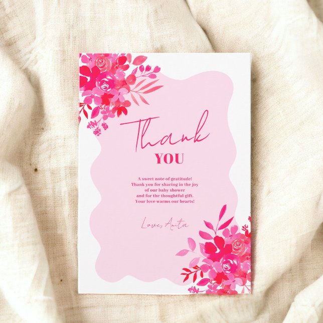 Shock rosa vågigt barndusch för blommigt av rödros tack kort (Hot pink wavy frame red pink floral baby shower thank you card)