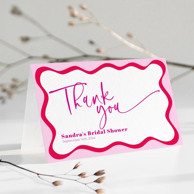 Shock rosa Vågigt Möhippa Tack Gräns Kort (Hot pink wavy border folded thank you card for Bridal Shower)
