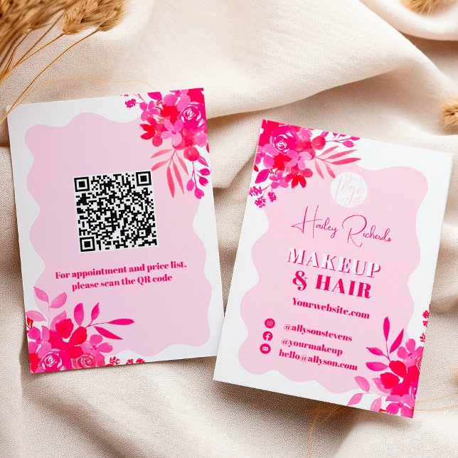Shock rosa vågigt ram Red rosa blommigt makup Visitkort (Hot pink wavy frame red pink floral makeup business card)