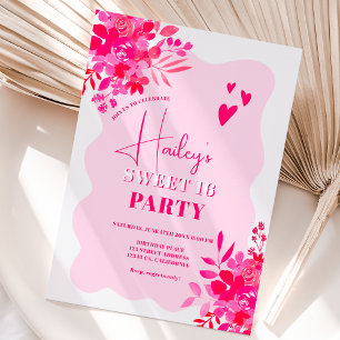 Shock rosa vågigt ram röd rosa blommigt Sweet 16 Inbjudningar