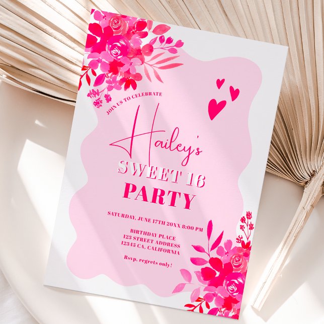 Shock rosa vågigt ram röd rosa blommigt Sweet 16 Inbjudningar (Skapare uppladdad)