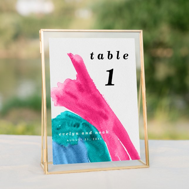 Shock rosa vattenfärg bordsnummer (Bright vibrant watercolor wash in hot pink and turquoise wedding suite modern table number sign.)