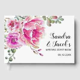 Shock rosa vattenfärgblommor och typografi bröllop gästböcker