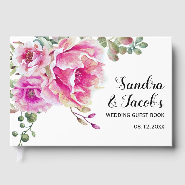 Shock rosa vattenfärgblommor och typografi bröllop gästböcker (Framsida)