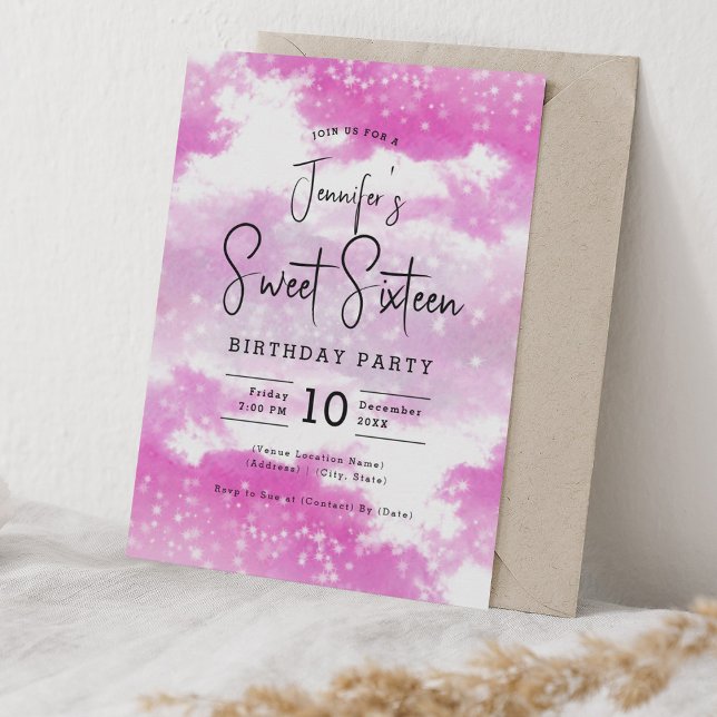 Shock rosa Vattenfärgskluster Söt 16 Party Inbjudningar (Hot Pink Watercolor Clouds Sweet 16 Party Invitation)