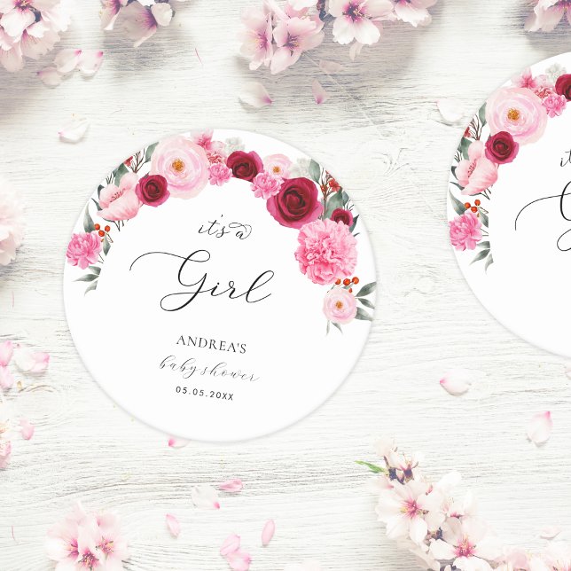 Shock rosa Vibrant Blommigt Det är en flicka Baby  Underlägg Papper Rund (Skapare uppladdad)