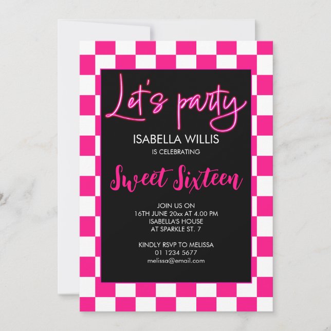Shock rosa, vit lets party Sweet 16-foto Inbjudningar (Framsida)