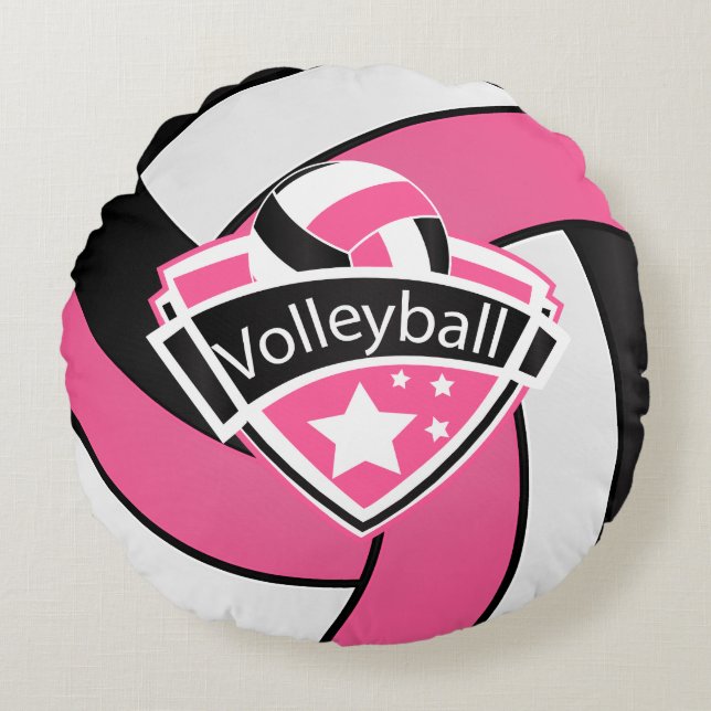 Shock rosa-, vit- och svartvolleyboll rund kudde (Framsidan)