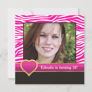 Shock rosa, vit zebra och hjärta 20-årsfoto inbjudningar