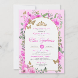 Shock rosa Watercolor Golden Butterfly Quinceañera Inbjudningar