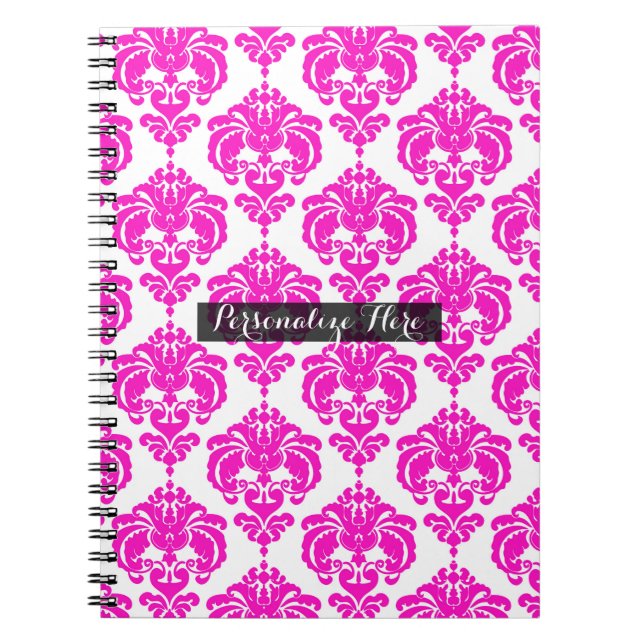 Shock rosa White Damask Chic Modern Elegant Mönste Anteckningsbok (Framsidan)