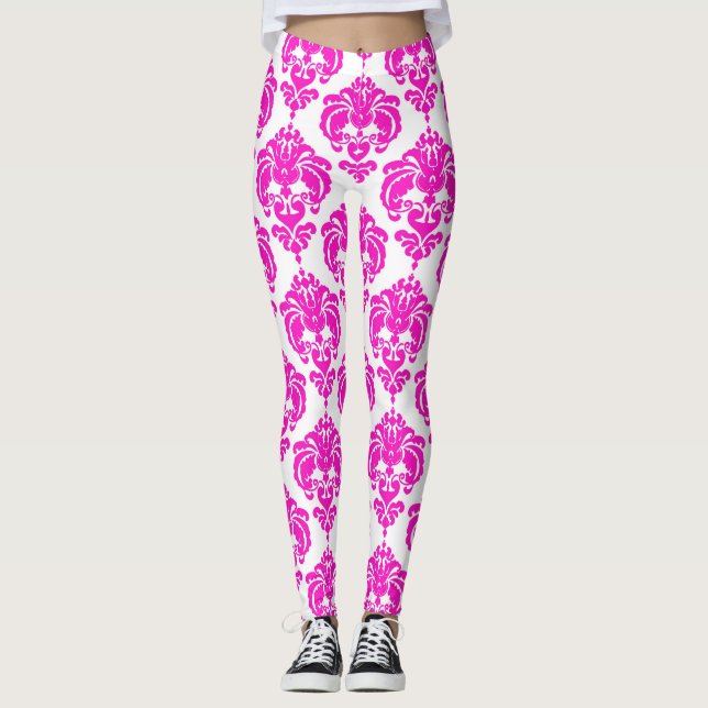 Shock rosa White Damask Chic Modern Elegant Mönste Leggings (Framsida)