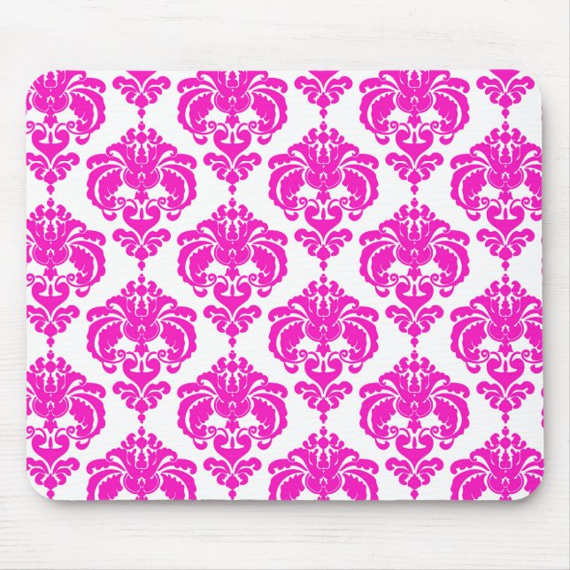Shock rosa White Damask Chic Modern Elegant Mönste Musmatta (Framsidan)