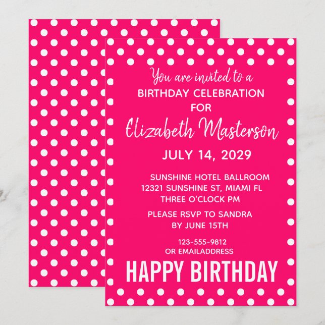 Shock rosa White Dots Mönster Grattis på födelseda Inbjudningar (Fram/baksida)