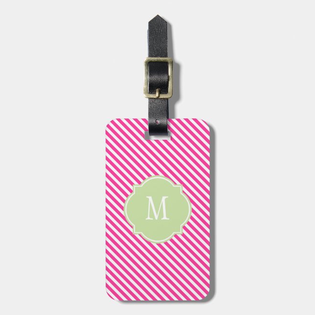 Shock rosa & White Rand Monogram Luggage Tag Bagagebricka (Vertikal Framsida)