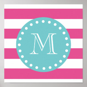 Shock rosa White Rand Mönster, Teal Monogram Poster